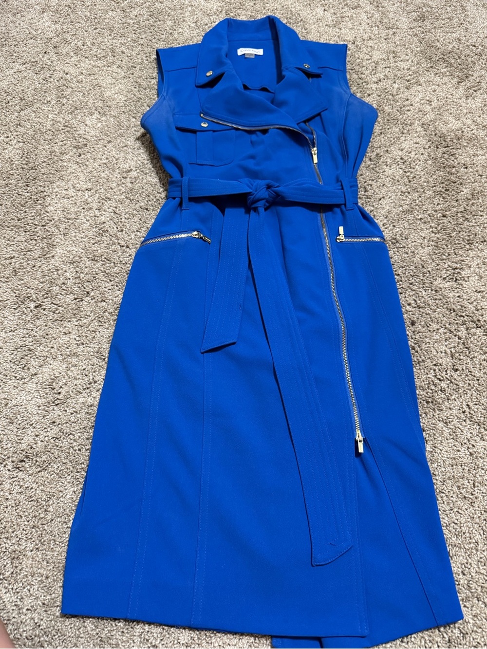 Calvin Klein Sleeveless Belted Trench Dress in Cobalt Blue